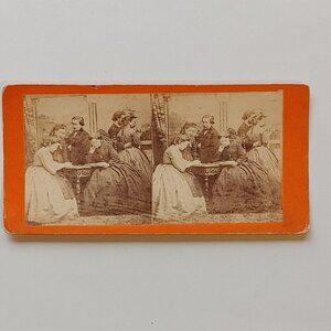 ANTIQUE STEREOGRAPH CARD Brewing Scandal Victorian Scene Victorian Ladies